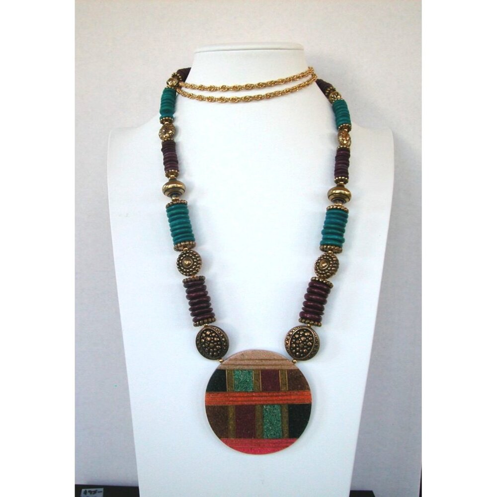 Vintage Style Statement Beaded Necklace With Large Round Pendant